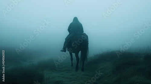 A cloaked figure on horseback riding through dense fog