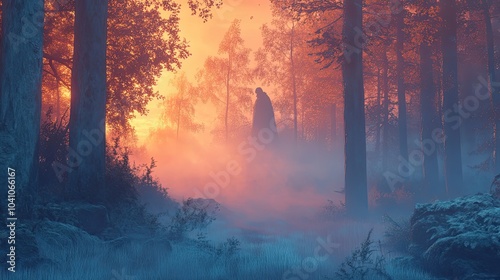 Silhouette of a Ghost  Person in a Foggy Forest at Sunset photo