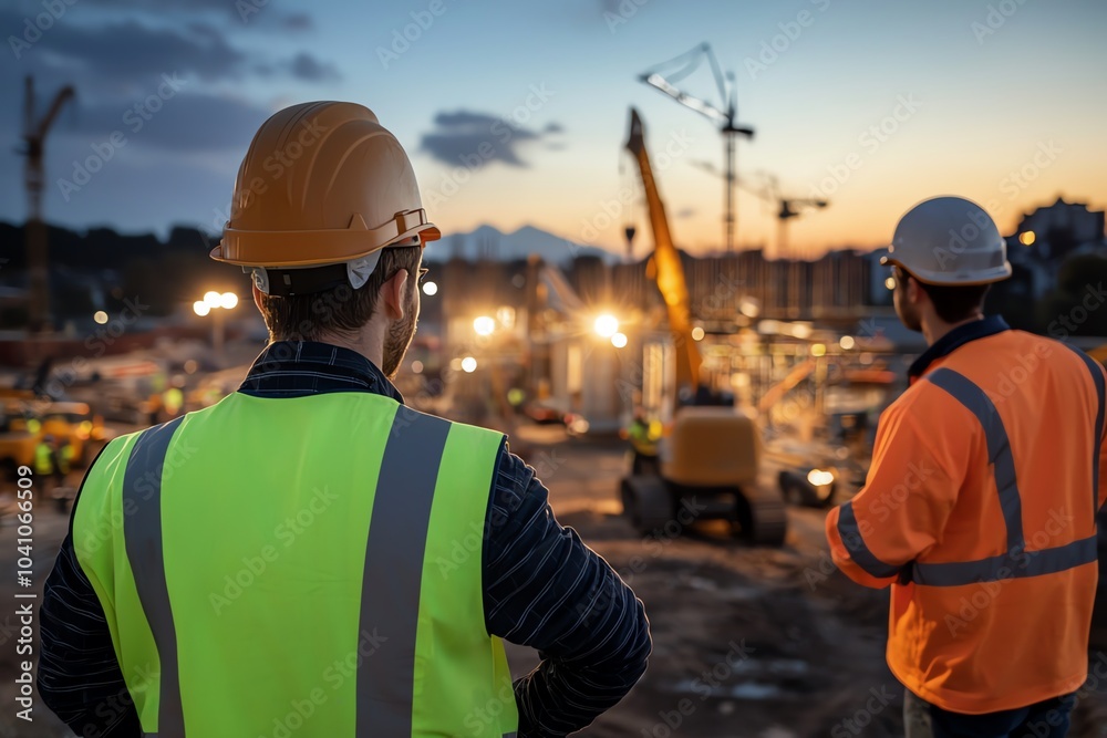 Construction workers overseeing a busy site at dusk, with cranes and machinery in the background. Safety and teamwork in action. Construction workers overseeing a busy site at dusk, with cranes and machinery in the background. Safety and teamwork in action.