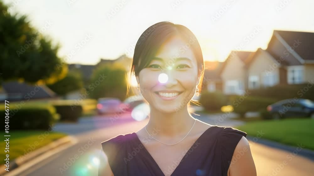 Confident asian woman walks down suburban street, backlit with a warm smile, camera dollies and zooms