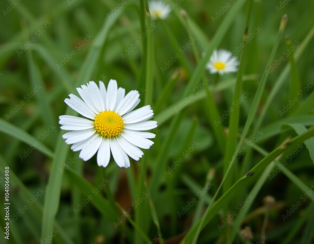 Close-Up Photograph of a White Daisy Flower in Green Grass, Perfect for Nature and Floral Stock Imagery Close-Up Photograph of a White Daisy Flower in Green Grass, Perfect for Nature and Floral Stock Imagery