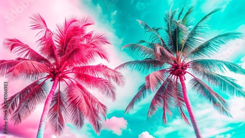 Two tall palm trees on toned gradient pink blue sky with light fluffy clouds. Creative trendy summer tropical background. Tropical beach in Punta Cana. Palm trees on a sandy island in the ocean. photo