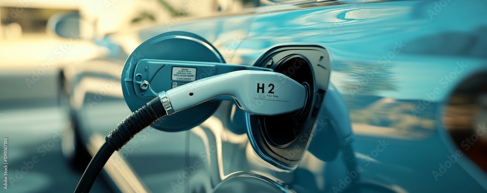Close-up of a hydrogen fuel nozzle connected to a car