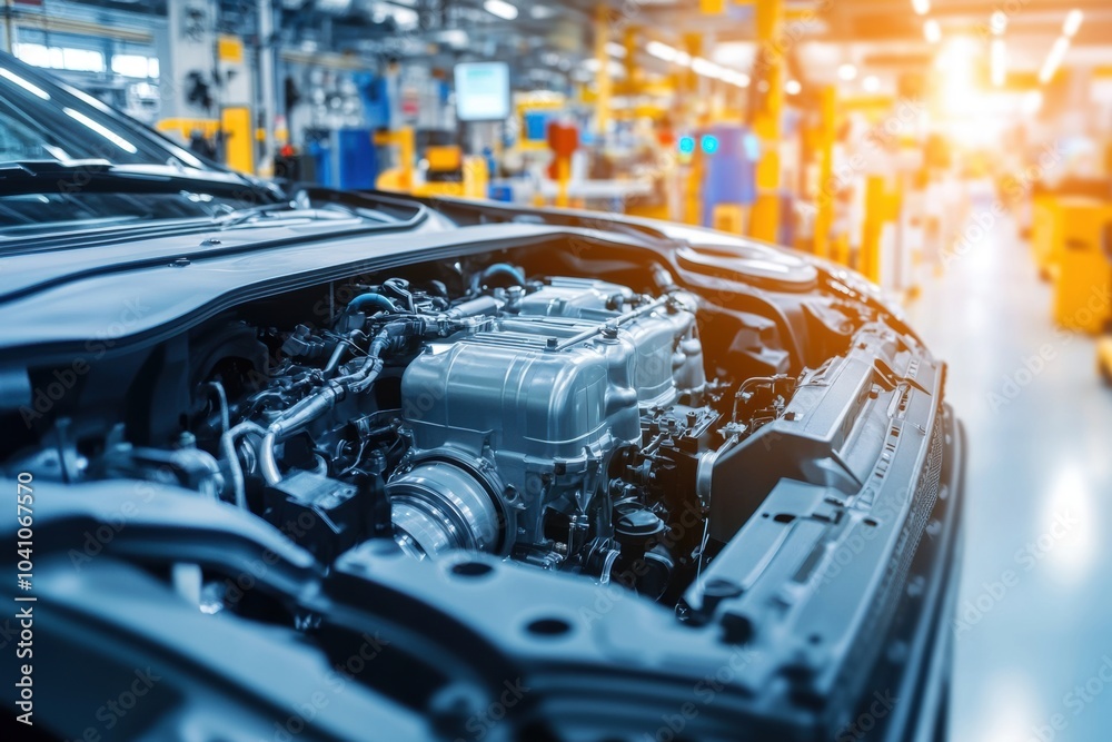 Fototapeta premium Robotic arms placing an engine inside a car chassis on the production line
