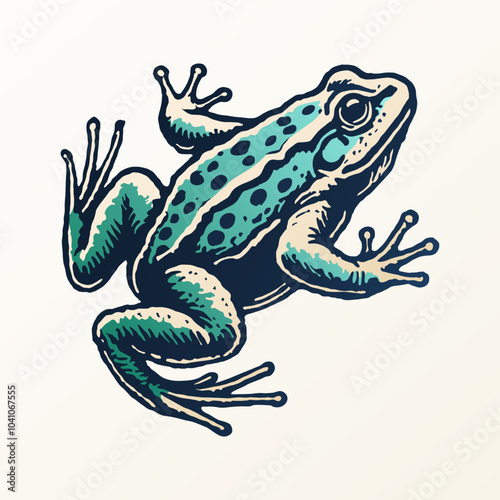 Vector illustration of a detailed frog in vintage style with green and blue accents. Vintage-Style Frog Vector Illustration