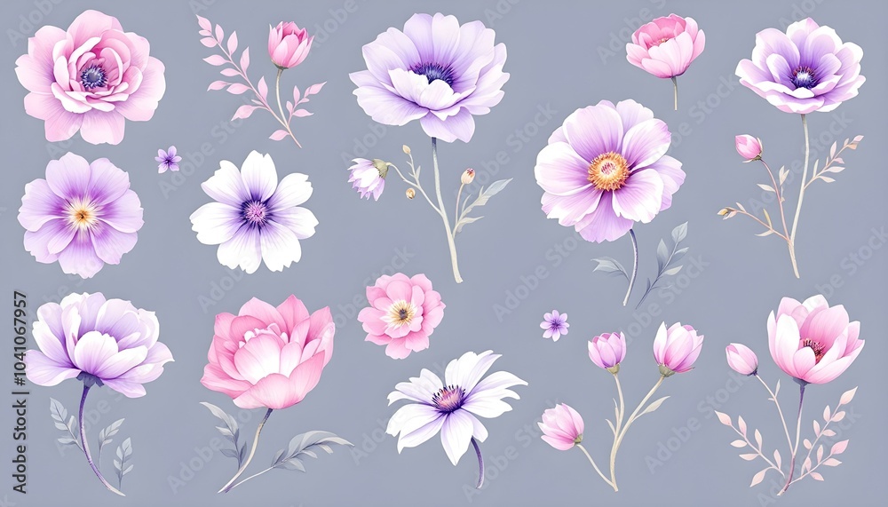 Very peri watercolor flowers clip-art. Purple flowers on a white background. Hand-painted abstract botanical illustrations bundle. Very peri watercolor flowers clip-art. Purple flowers on a white background. Hand-painted abstract botanical illustrations bundle.
