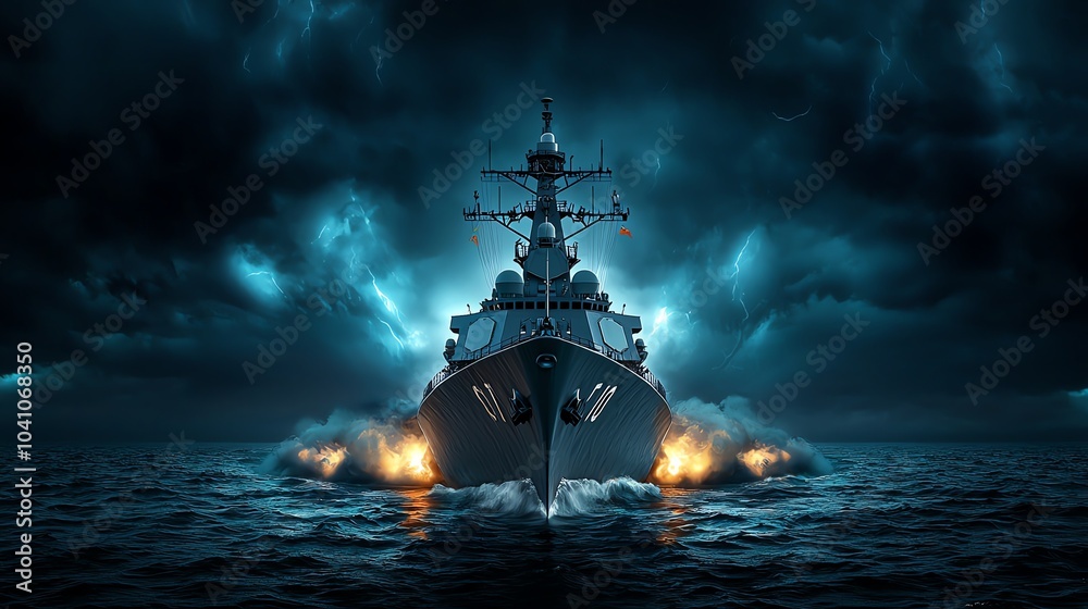 Obraz premium A dramatic naval ship navigating through dark waters, surrounded by ominous clouds and explosions. A striking image of maritime power.