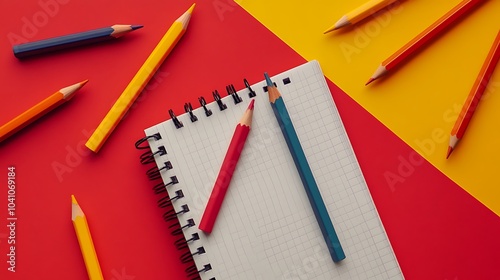 Wallpaper Mural Colour pencils and notebook on red background. Back to school concept. Torontodigital.ca