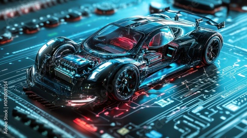 Futuristic Car Racing on Circuit Board, Illustrating the powerful performance capabilities of an electric sport car, with a focus on its advanced battery system