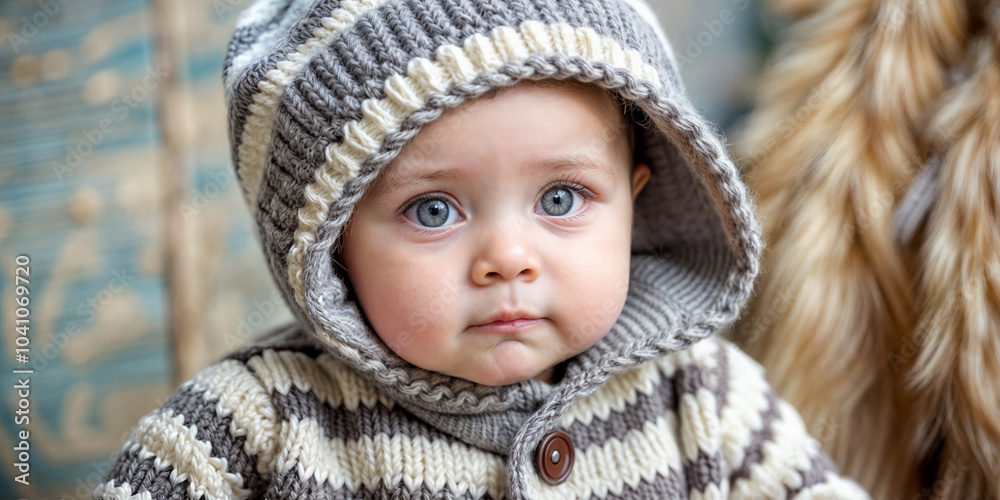small child smiling in a knitted hooded sweater, knitted socks small child smiling in a knitted hooded sweater, knitted socks