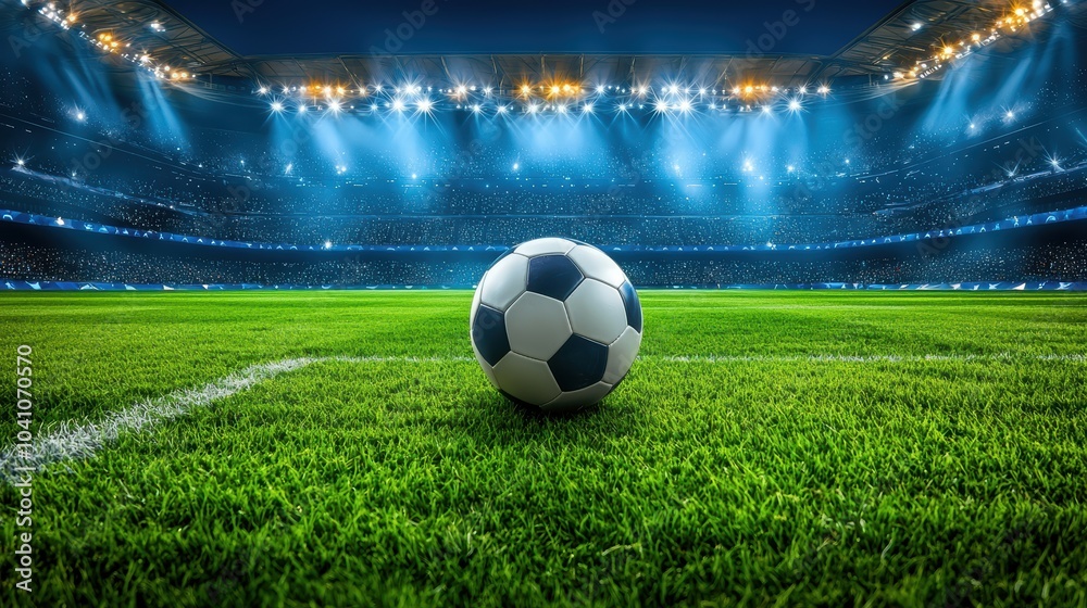 Fototapeta premium A vibrant soccer field under stadium lights, featuring a classic black and white soccer ball positioned on lush green grass.