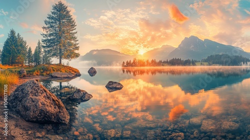 Stunning summer landscape of hintersee lake with colorful morning reflections of the austrian alps in salzburg-umgebung district, austria, capturing the majestic beauty of nature and serene tranquilit photo