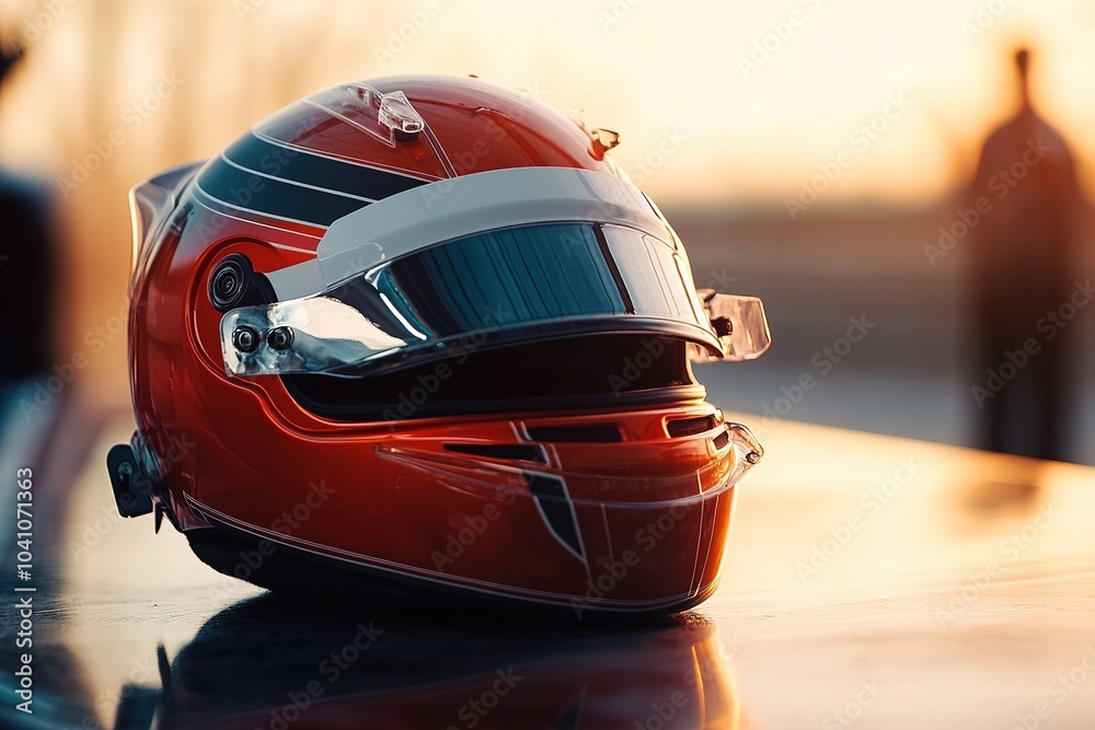 Fototapeta premium Red racing helmet with reflections at sunset
