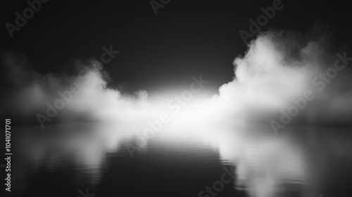 haunting empty expanse, billowing smoke clouds, dim illumination from unseen source, smooth reflective surface, grayscale tones, atmospheric perspective, fine art photography