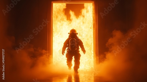 heroic firefighter rescue, intense flame engulfed doorway, billowing smoke, child carried to safety, yellow helmet gleaming, dramatic lighting, cinematic composition