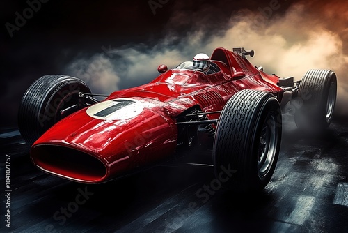 Red classic race car speeding with dramatic smoke