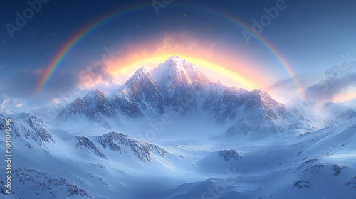 Winter, landscape and rainbow in Mountain forest with snow on trees in countryside, environment or woods. Sunshine, clouds or peace in nature with colors in sky like heaven