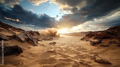 39 Windstorm blowing sand across a desert landscape, harsh weather, intense wind photo