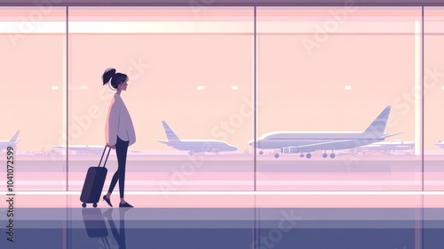 side view of hurried passenger, hair in bun, casual chic attire, rolling bag, sweeping airport landscape, parked planes in distance, recessed ceiling lights, contemporary travel ambiance photo