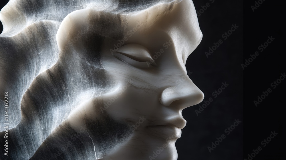 A finely crafted marble sculpture, polished and highlighted by a dark background, showcasing its elegant and timeless appeal A finely crafted marble sculpture, polished and highlighted by a dark background, showcasing its elegant and timeless appeal