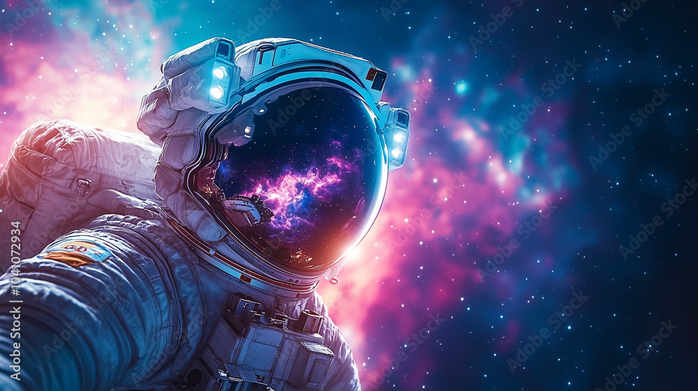 astronaut floats in vastness of space, surrounded by vibrant cosmic colors and stunning nebula. scene captures wonder and beauty of universe