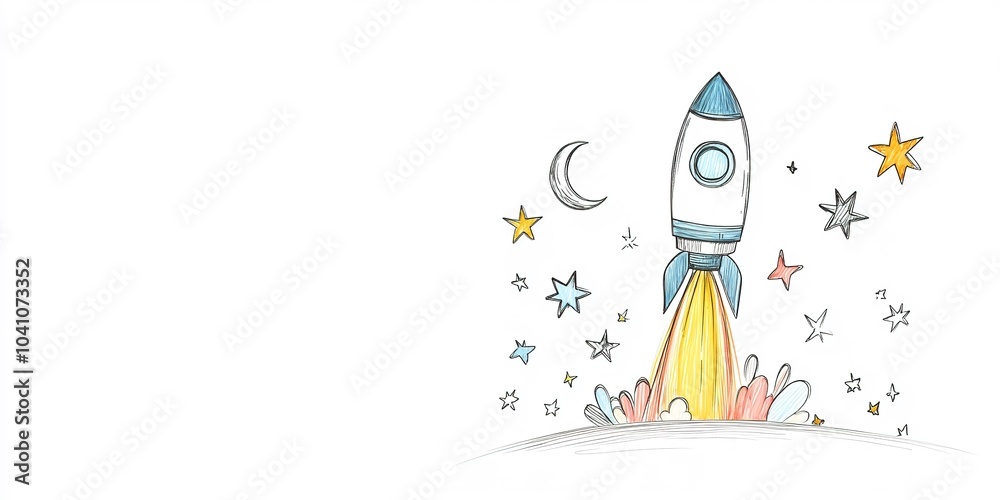 Playful rocket launch drawing with stars and moon Playful rocket launch drawing with stars and moon