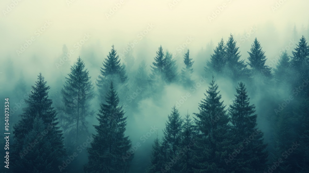 Enchanting misty forest landscape with towering fir trees in a retro vintage style, capturing a serene, atmospheric scene of nature’s beauty with fog-blanketed woods in soft pastel tones for tranquil 