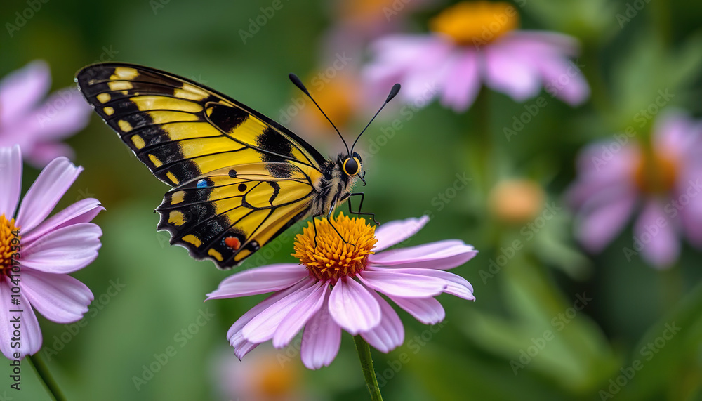 A butterfly is sitting on a yellow flower A butterfly is sitting on a yellow flower
