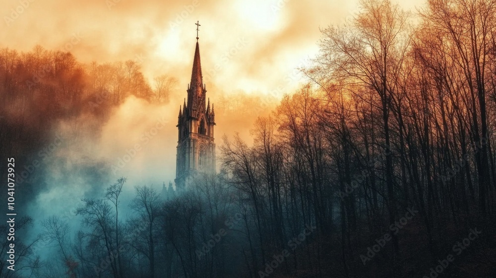 Obraz premium Old medieval cathedral: Ancient lakeside church tower, engulfed in fog behind. Halloween, horror, fairytale background concept. 
