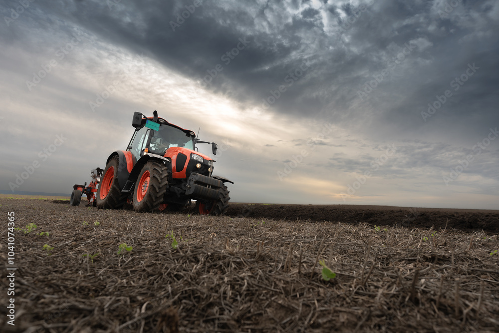 Fototapeta premium Tractor on the field during sunset.