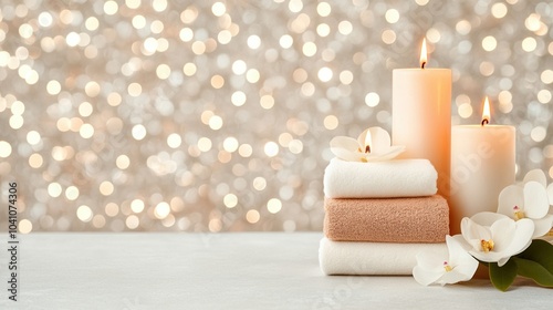 Candles, towels, and orchids arranged on table with soft bokeh background