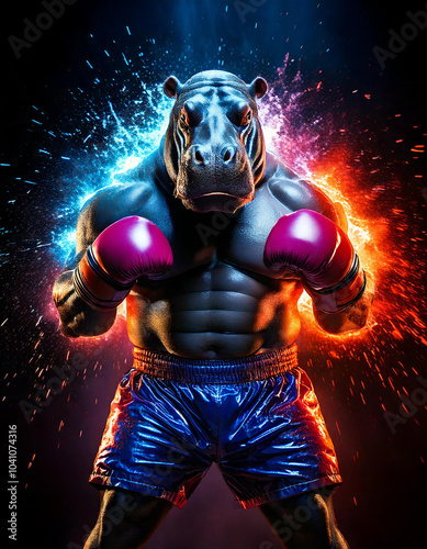 Hippo in blue boxing shorts and a boxing gym background