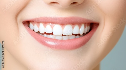 Close-up of a beautiful smile with perfect teeth on a light background. photo