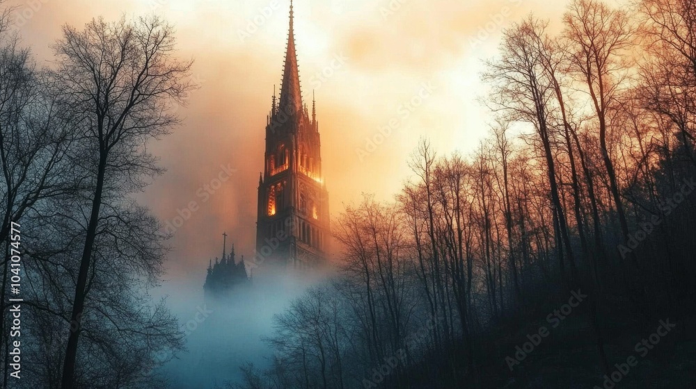 Fototapeta premium Old medieval cathedral: Ancient lakeside church tower, engulfed in fog behind. Halloween, horror, fairytale background concept. 