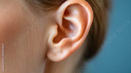 Close-up of a human ear, showcasing detail and texture against a blurred background. photo