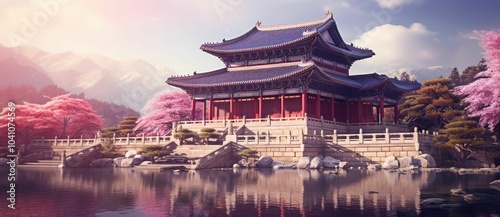Ancient Asian temple by serene lake with pink blossoms.