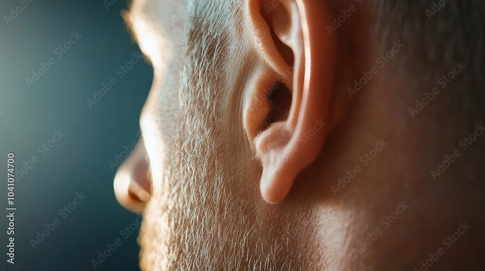 Close-up of a man's ear, side profile, with blurred background. Close-up of a man's ear, side profile, with blurred background.