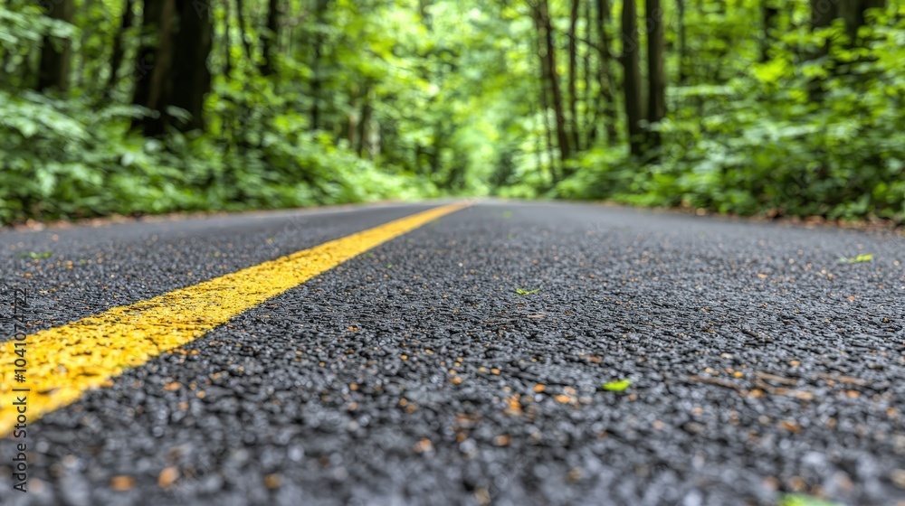 Fototapeta premium Asphalt Road Through Green Forest with Yellow Line