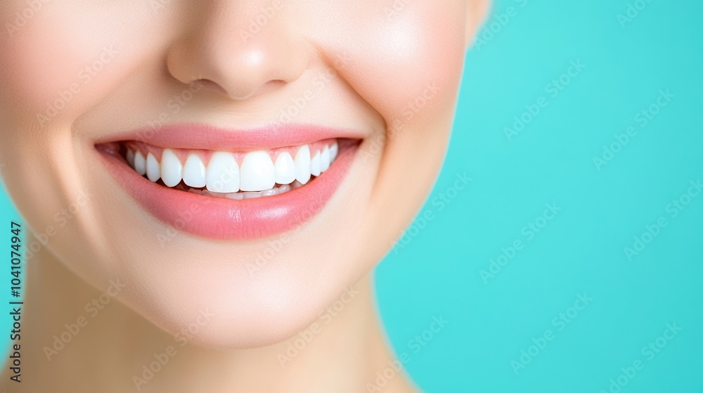 Fototapeta premium Close-up of a smiling woman with bright teeth against a turquoise background.