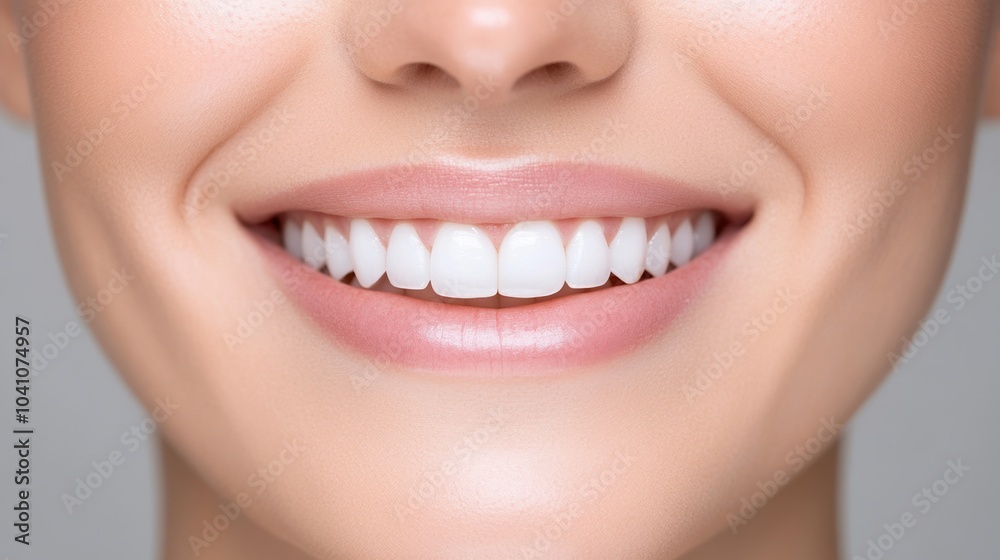 Close-up of a smiling woman with bright, white teeth and healthy skin