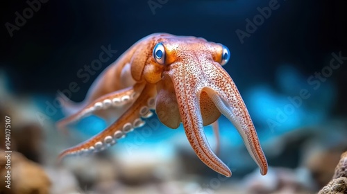 Close-up of a vibrant octopus underwater, showcasing details and vivid colors. photo