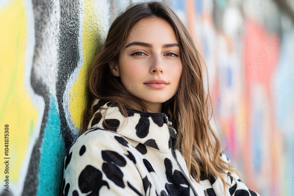 Woman in cow print jacket posing by colorful wall Woman in cow print jacket posing by colorful wall