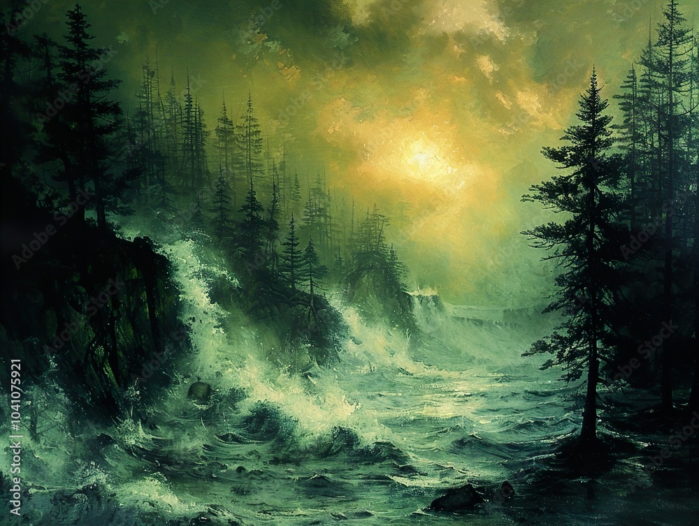 Forest River Sunset Landscape Painting Forest River Sunset Landscape Painting