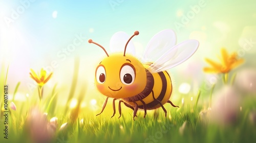 Cute cartoon bee in sunny flower field, smiling, vibrant colors, cheerful atmosphere