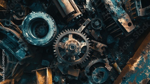 A close-up view of assorted metal gears and machinery parts in a scrap yard.