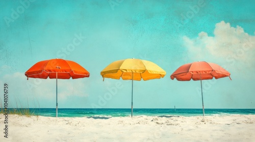 A serene beach scene featuring colorful umbrellas against a bright sky and ocean backdrop.