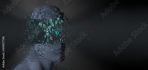 Blue-grey man's head exploding with cyan binary code of zero and one numbers inside. 3D Illustration