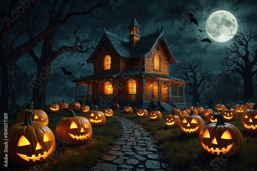 3d Halloween render haunted house moon night pumpkin