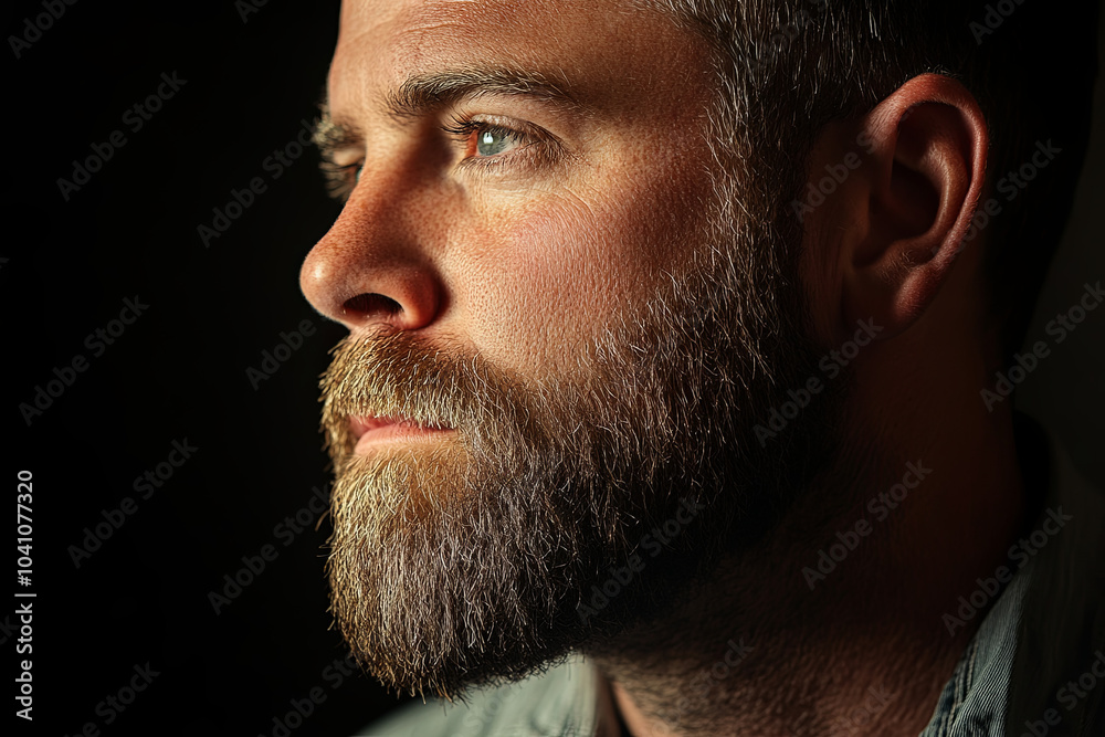 Obraz premium Profile shot of a man with a beard and a serious expression against a dark background