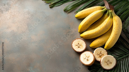 A bunch of ripe bananas with some peeled on a tropicalthemed background